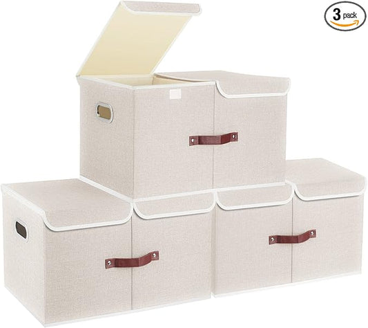 TYEERS Extra Large Collapsible Storage Bins with Lids and Compartments, Washable, Fabric Storage Boxes, 21.7x13x11.8 inches, 3 Pack, Beige