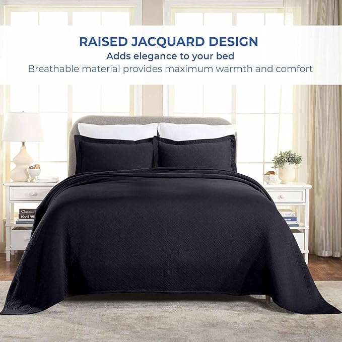 Superior 3 Piece Basketweave Cotton Bedspread Set, Home Bed Decor, Decorative Bed Spread, 2 Pillow Shams, Medium Weight Blanket, Matelasse Coverlet Bedding, Geometric Lattice Pattern, Queen, Navy Blue