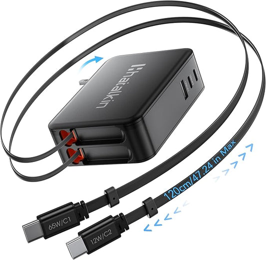 65W for MacBook Pro Charger,5-in-1 Retractable Wall Charger Plug for iPhone 17, Dual 3.94 ft PD USB C Cable&3 Ports, Fast Charging Block for Mac Book Pro/Air, M1 M2 M3 M4, iPad Pro,Galaxy,Pixel