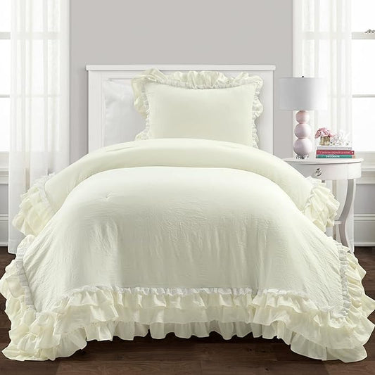 Lush Decor Ella Ruffle Lace Comforter, 2 Piece Set, Twin, Ivory - Cute Comforter - Twin Bedding Set - White Bedding - Coquette Decor - White Lace Trim - Ruffle Trim