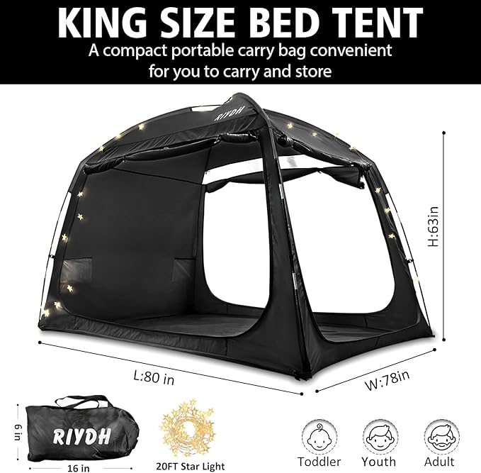 Bed Tent Bed Canopy Breathable 100% for Adult and Kids- Original Design Light Reduction 93% Sleeping Dream Tents Indoor Portable Big Space with String Light 3 Doors Twin Full Queen King Size