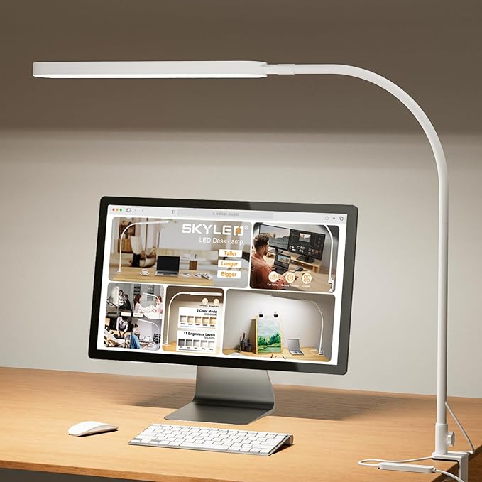 SKYLEO Led Desk Lamp - 33.5" Desk Light - Flexible Gooseneck - 5 Color Modes X 11 Brightness Levels - 1300LM - Timmer & Memory Function - 12W Clip on Light - White