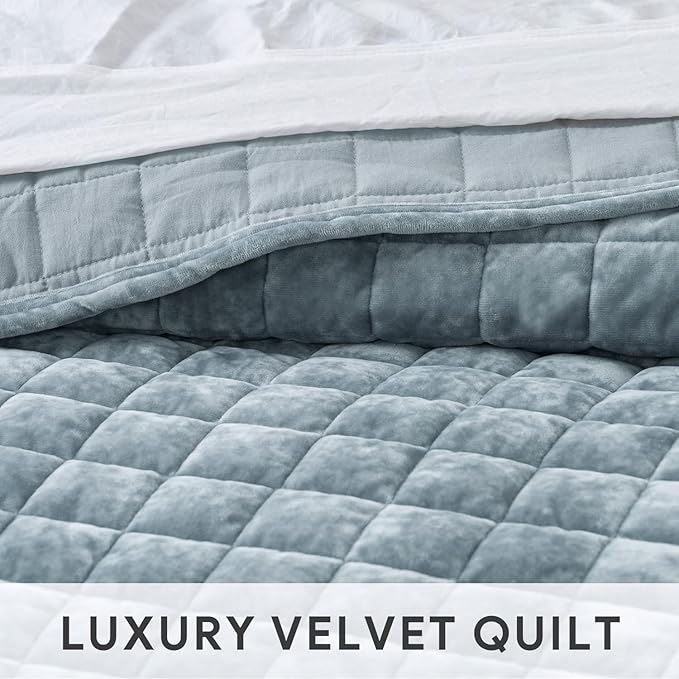 RECYCO Luxury Velvet Quilt Set Twin/Twin XL Size Bedding Sets, Ultra Soft Velvet Comforter Set, Lightweight Channel Box Stitch Oversized Bedspread Coverlet for All Season, with 1 Sham, Blue Linen