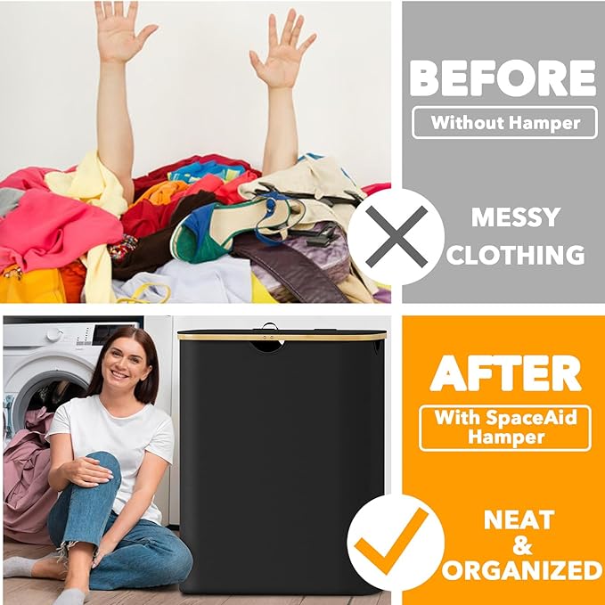 SpaceAid Double Laundry Hamper 2 Section with Lid and Removable Laundry Bags, 160L Clothes Basket with Bamboo Handles, Large Collapsible Hamper for Bedroom, Bathroom, Dorm, Laundry Room - Black