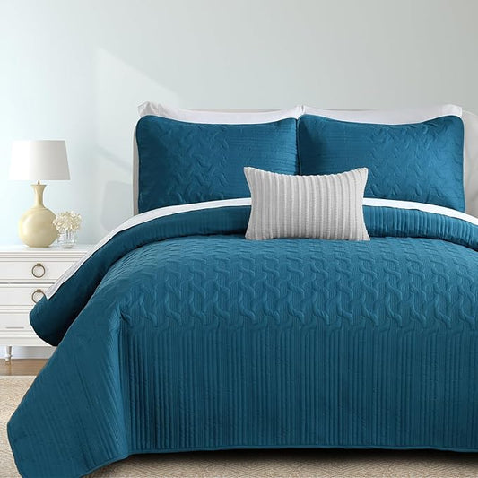 Yiran Teal Blue Quilt Set King Size Lightweight Bedspread Ultrasonic Wave Pattern Soft Microfiber Coverlet for All Season Modern Style 3 Piece Bed Cover Sets with 2 Pillow Shams (106"x96")