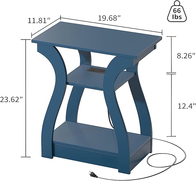 End Table with Charging Station, Side Table with USB Ports and Outlets, Nightstand, 3 Tier End Table with Storage Shelf for Living Room, Bedroom, Navy Blue, Set of 2