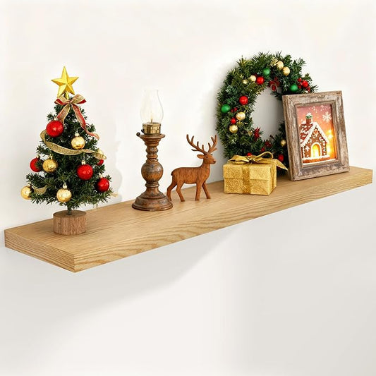 Fun Memories Farmhouse Floating Shelves for Wall, 48 x 9.3 Large Floating Shelf Wall Mounted, Rustic Wood Shelves for Bathroom, Kitchen, Living, Heavy-Duty Storage Deep Shelf for Books, Decor, Oak