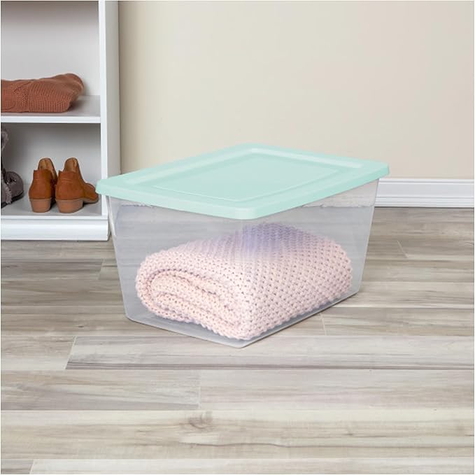 Sterilite 8 Pack Storage Boxes, Clear Plastic Stackable Containers, Lightweight Home Organizers with Snap Lids, 58 Quart, Mindful Mint