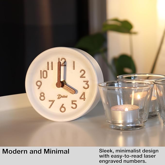 Driini Wooden Analog Desktop Clock – 4.3 in. Decorative Pinewood, No-Tick Design – Easy to Read Silent Sweep Mantle Clock – Quiet Tabletop Clocks with Wood Body, Hands, & Battery Cover; White