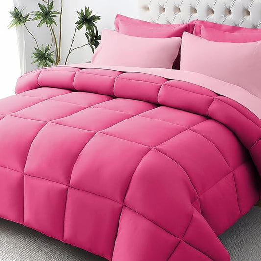 JOLLYVOGUE California King Comforter Set, Ultra-Soft Bed in a Bag 7 Pieces, Oeko-TEX Certified Bedding Set with Down Alternative Comforter, Sheets, Pillowcases & Shams, Hot Pink & Baby Pink