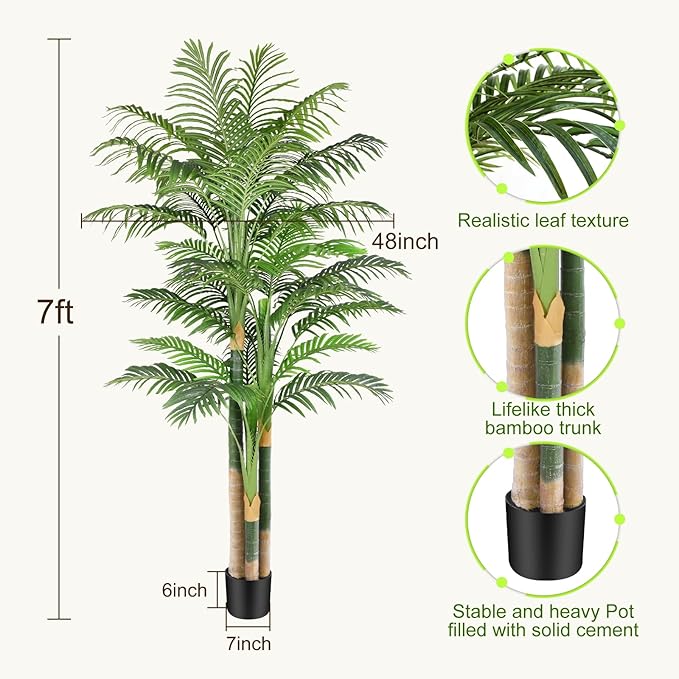7ft Tall Triple Golden Cane Palm Artificial Tree Large Tropical Palm Tree UV Resistant Fake Plant in Pot for Indoor Outdoor Big House Living Room Outside Patio Office Home Decor 1Pack