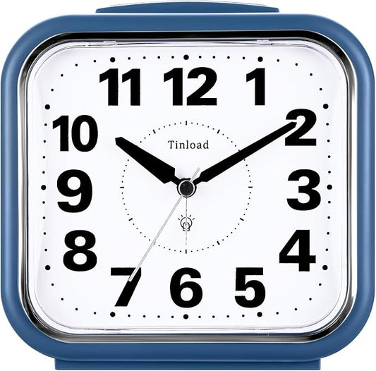5.5" Large No Ticking Analog Alarm Clock,Silent Readable for Seniors,Easy to Set,Gradual Rise Alarm,Big Numbers,Gentle Wake,Snooze, Lighted on Demand,Battery Operated,Blue
