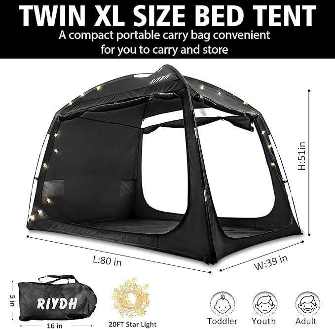 Bed Tent Bed Canopy Breathable 100% for Adult and Kids- Original Design Light Reduction 93% Sleeping Dream Tents Indoor Portable Big Space with String Light 3 Doors Twin Full Queen King Size