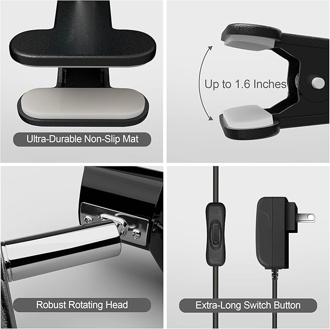 deeloop Clip on Light 5W Ultra Bright 330° Rotation Book Reading Clip on Lamp for Bed/Bedside Headboard/Table/Bunk/Desk Lighting Black