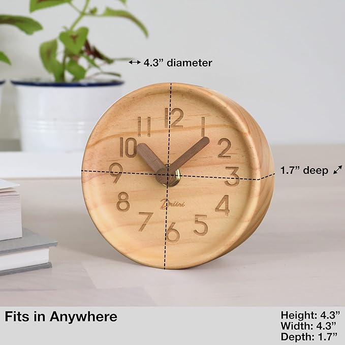 Driini Wooden Analog Desktop Clock – 4.3 in. Decorative Pinewood, No-Tick Design – Easy to Read Silent Sweep Mantle Clock – Quiet Tabletop Clocks with Wood Body, Hands, & Battery Cover; Light