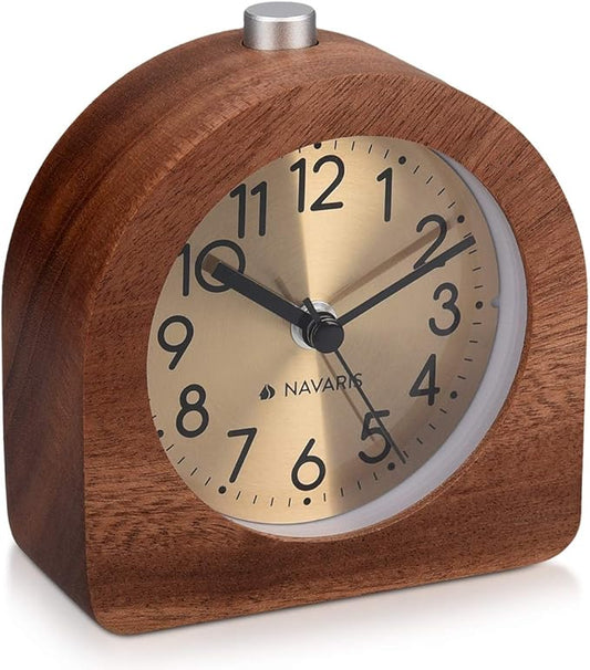 Navaris Wood Analog Alarm Clock - Half-Round Gold Face Battery-Operated Non-Ticking Clock with Snooze Button and Light - Dark Brown