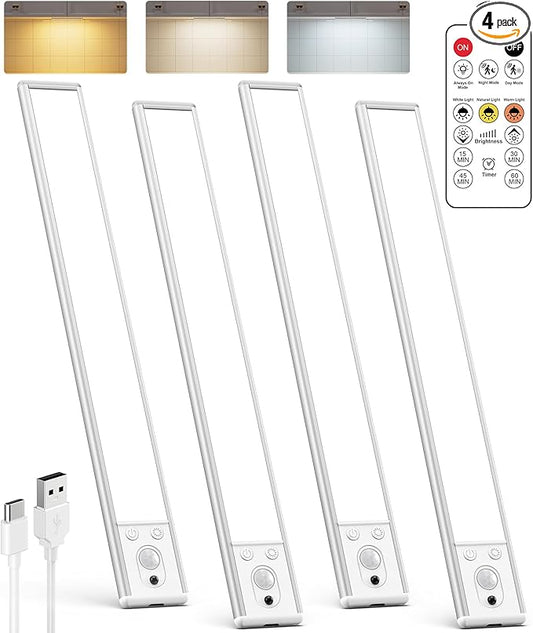 Under Cabinet Lighting Wireless, Rechargeable 62 LED Motion Sensor Light Indoor, 3 Color Temps Closet Lights with Remote Control, Dimmable Magnetic Under Counter Lights for Kitchen, Stairs, 4 Pack