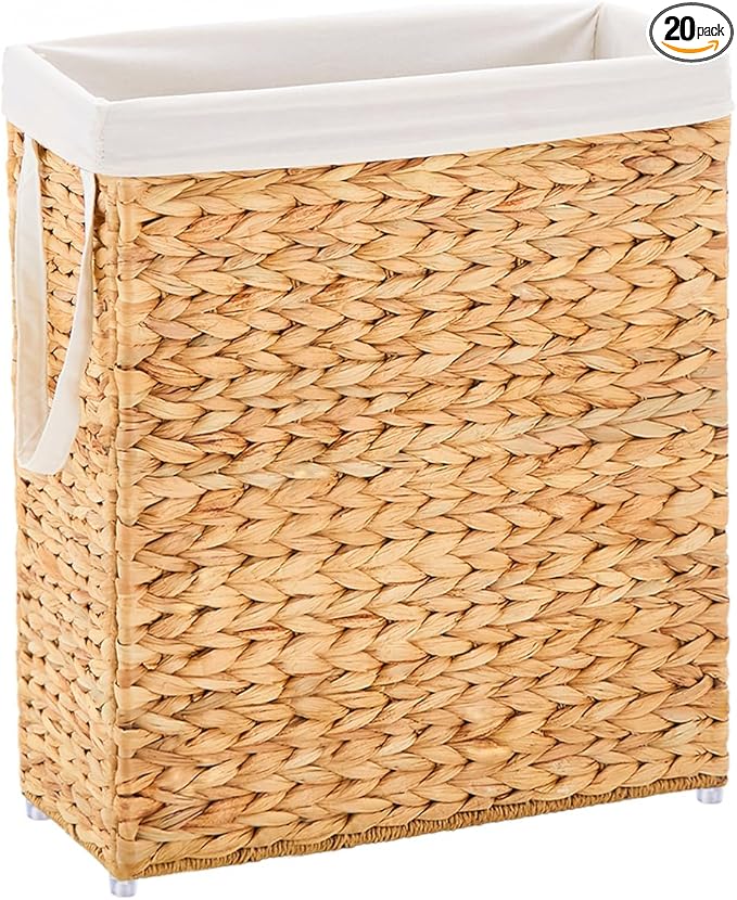 Handwoven Slim Laundry Hamper, 75L Narrow Laundry Basket, Natural Water Hyacinth Basket and Handles and Removable Liner Bag & 2 Mesh Bags (Natural, 75L)