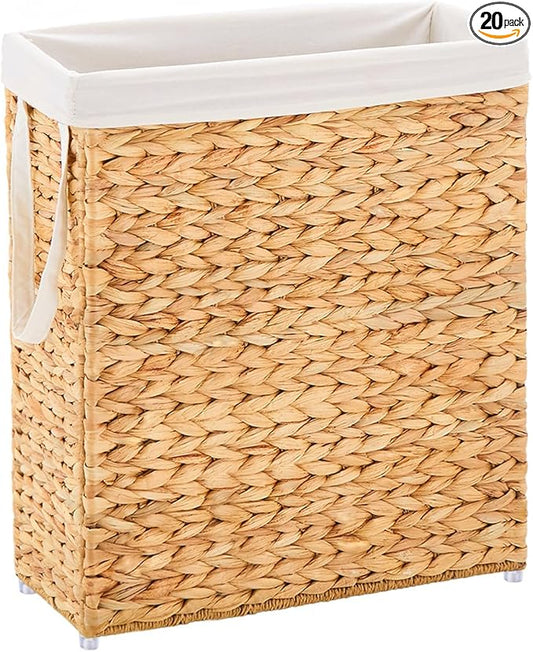 Handwoven Slim Laundry Hamper, 75L Narrow Laundry Basket, Natural Water Hyacinth Basket and Handles and Removable Liner Bag & 2 Mesh Bags (Natural, 75L)