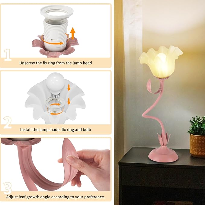 Cute Flower Desk Lamp, 3 Color Temperature Table Lamps with LED Bulb, Vintage Bedside Lamp, Reading Lamps with Soft Light for Bedroom, Living Room（Pink）