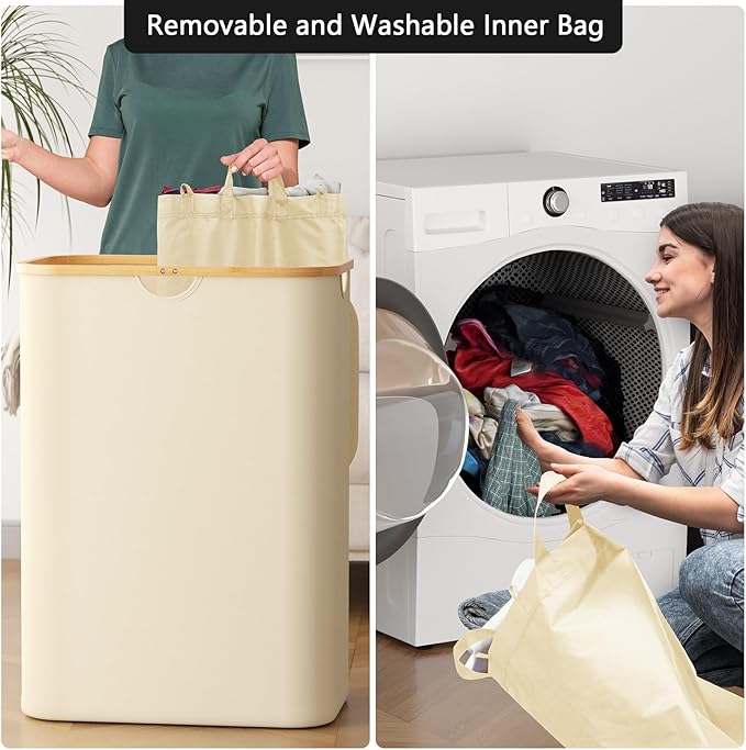 SpaceAid Double Laundry Hamper 2 Section with Lid and Removable Laundry Bags, 160L Clothes Basket with Bamboo Handles, Large Collapsible Hamper for Bedroom, Bathroom, Dorm, Laundry Room - Beige
