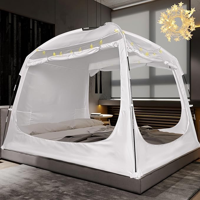 Bed Tent Bed Canopy Breathable 100% for Adult and Kids- Original Design Light Reduction 93% Sleeping Dream Tents Indoor Portable Big Space with String Light 3 Doors Twin Full Queen King Size