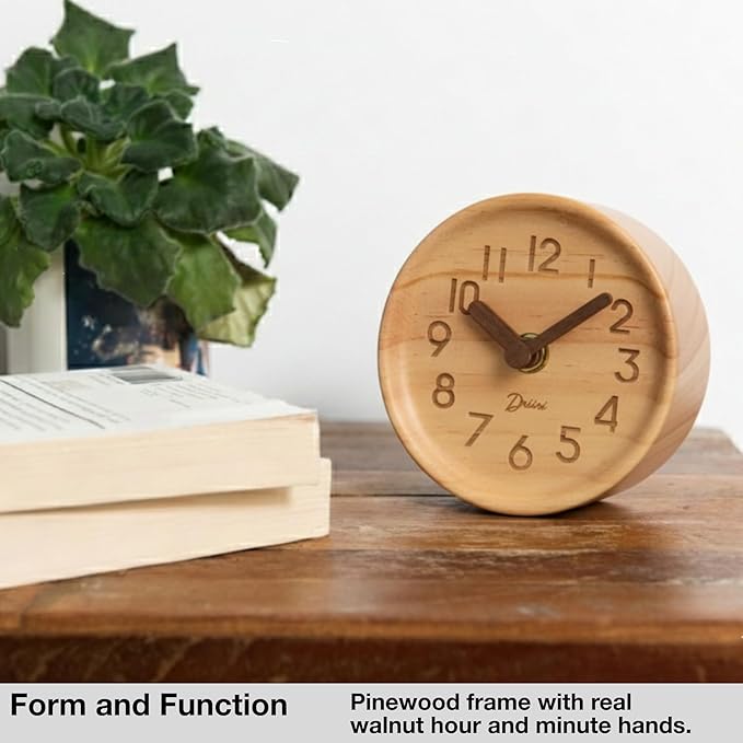 Driini Wooden Analog Desktop Clock – 4.3 in. Decorative Pinewood, No-Tick Design – Easy to Read Silent Sweep Mantle Clock – Quiet Tabletop Clocks with Wood Body, Hands, & Battery Cover; Light