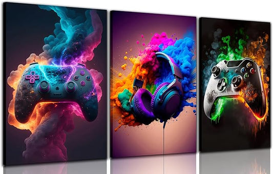 Gaming Room Decor Canvas Wall Art Set of 3 - Cool Video Gaming Theme Wall Decor, Gamer Paintings Picture Print for Teen Boys Room 12x16 inch Framed