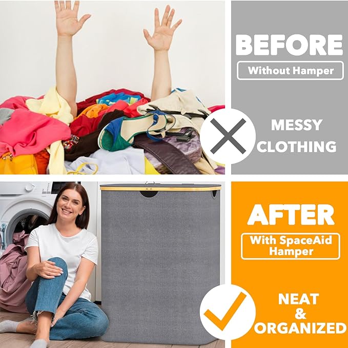 SpaceAid Double Laundry Hamper 2 Section with Lid and Removable Laundry Bags, 160L Clothes Basket with Bamboo Handles, Large Collapsible Hamper for Bedroom, Bathroom, Dorm, Laundry Room - Grey