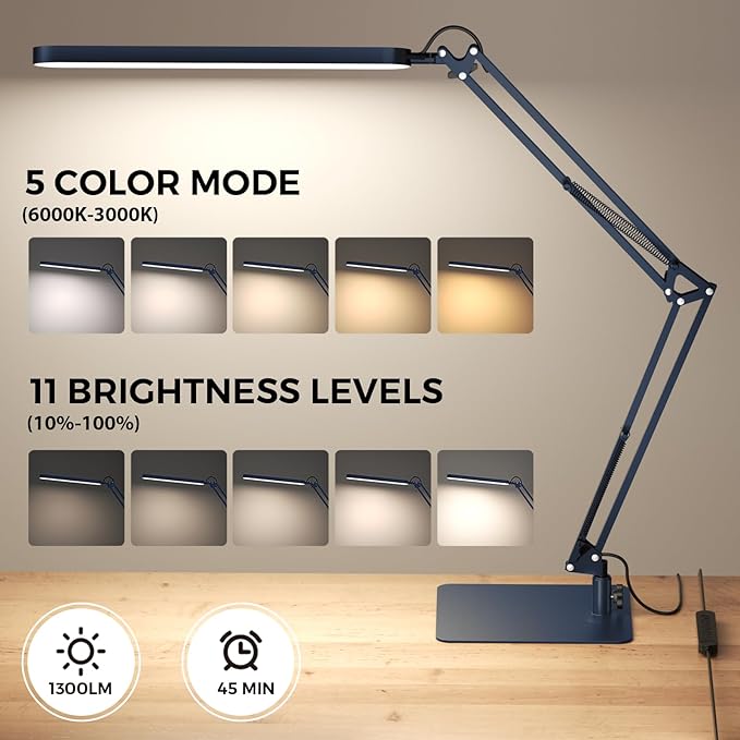 SKYLEO LED Desk Lamp with Slim Base - Adjustable Swing Arm Desk Light, Dimmable, Timer, Eye Protection, Memory Function, 1300LM, 12W, Blue