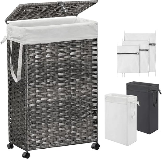 70L Slim Laundry Hamper with Lid & Wheels, Rolling Laundry Basket with 2 Removable Liner Bags & 3 Mesh Bags, Narrow Dirty Clothes Basket, Foldable Handwoven Rattan Laundry Sorter, Grey