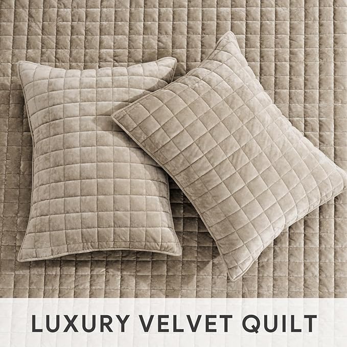RECYCO Luxury Velvet Quilt Set, California King 118'' x 106'' Oversized Bedspread, Ultra Soft Velvet Comforter, Lightweight Box Stitch Bedding Sets for All Season, with 2 Shams, Urban Taupe