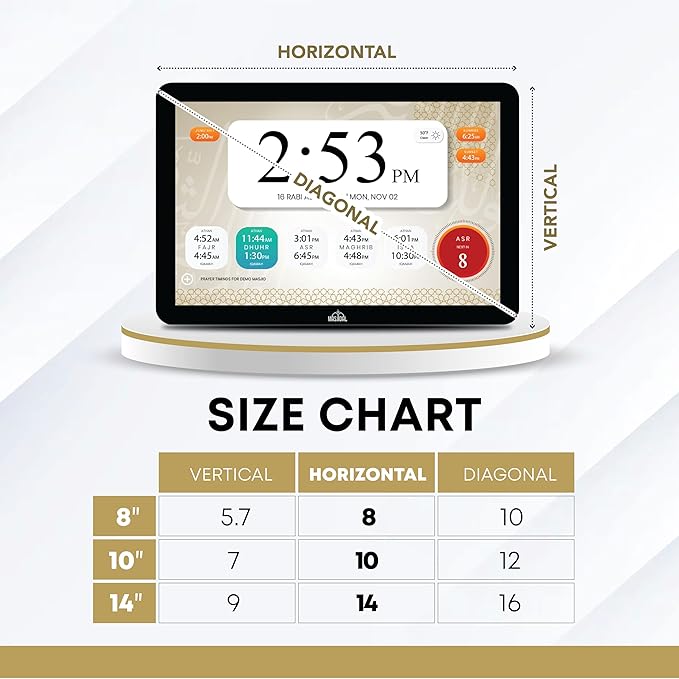 Masjidal 10" Digital Azan Clock with WiFi, Dynamic Touch Screen, Worldwide Prayer Times, Full Quran Player, Islamic Art, Streaming Halal Muslim Content: Duas, Dhikr, Hadith, Surah of The Day, Black