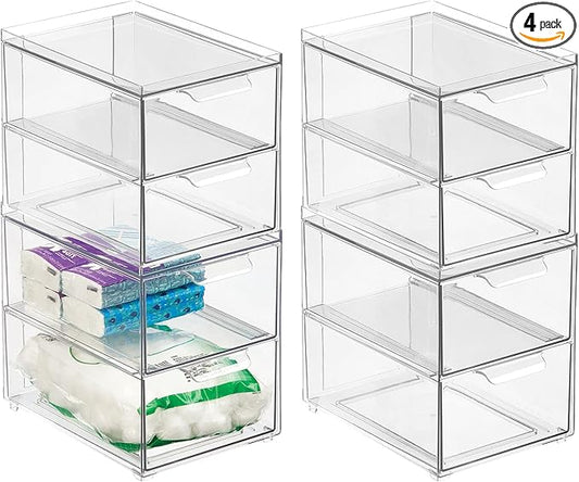 mDesign Stackable Storage Containers Box with 2 Pull-Out Drawers - Stacking Plastic Drawer Bins for Master or Guest Bathroom, Linen Closet, Vanity, Makeup Table Lumiere Collection 4 Pack, Clear