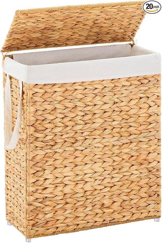 Handwoven Slim Laundry Hamper with Lid, 75L Natural Water Hyacinth Basket and Handles, Narrow Wicker Laundry Basket with Removable Liner Bag & 2 Mesh Bags