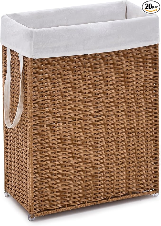 Slim Wicker Laundry Hamper, 55L Handwoven Rattan Basket with Handles, Narrow Laundry Basket with Removable Liner Bag & 2 Mesh Bags