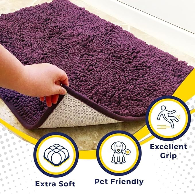 Muddy Mat® | Super Absorbent Door Mat Indoor, Microfiber Quick Dry Chenille Entryway Rug, Non-Slip Front Door Mat, Indoor Mats for Entryway, Machine Washable Pet Rug, Dark Purple 24" x 96"