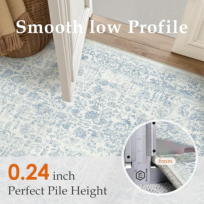 Blue Runner Rug 2x12 Hallway Machine Washable Kitchen Vintage Distressed Non Slip Long Carpet Indoor Retro Floral Bedroom Accent Throw Rug for Bathroom Office Laundry Dining Room