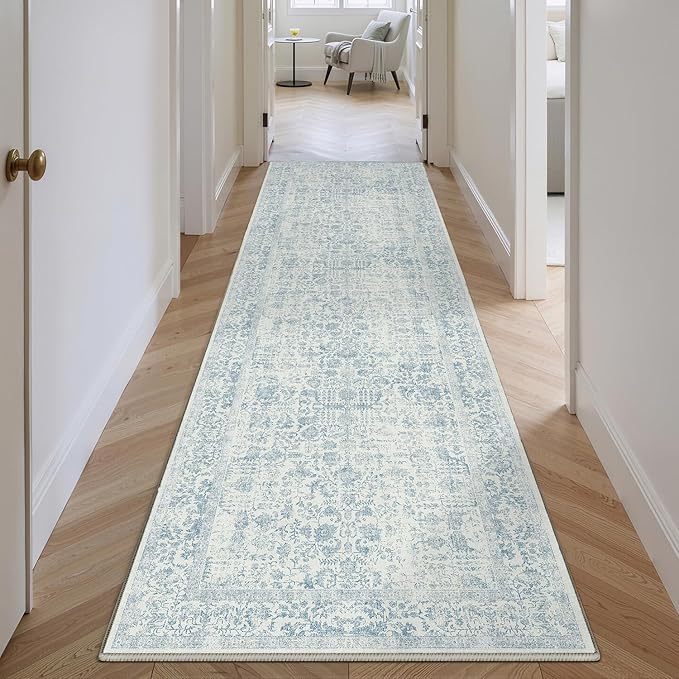 Blue Runner Rug 2x12 Hallway Machine Washable Kitchen Vintage Distressed Non Slip Long Carpet Indoor Retro Floral Bedroom Accent Throw Rug for Bathroom Office Laundry Dining Room