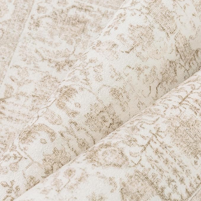 Beige Area Rug 5x7 Machine Washable Vintage Living Room Distressed Non Slip Carpet Traditional Indoor Bedroom Retro Floral Accent Throw Large Rug for Office Kitchen Bathroom Dining Room