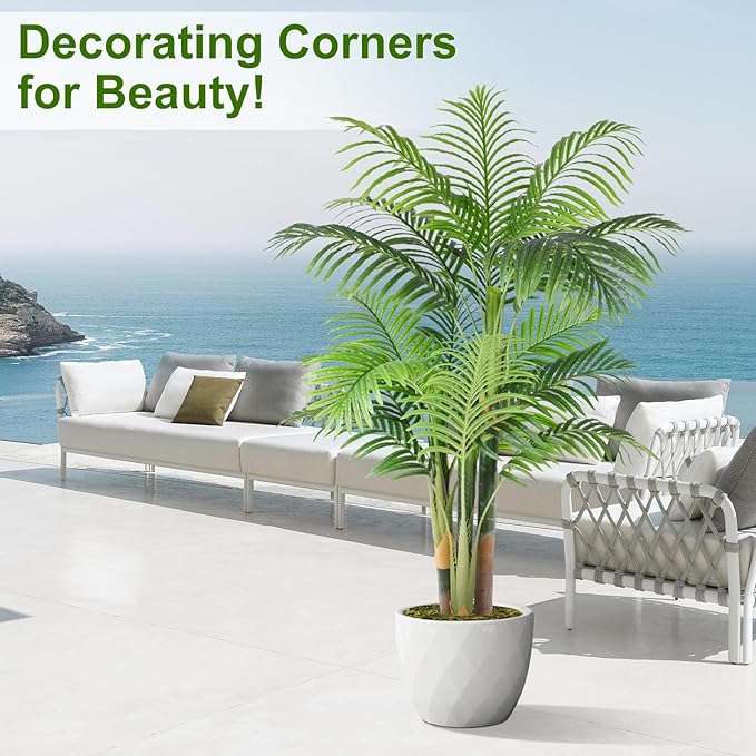 5ft Tall Triple Golden Cane Palm Artificial Tree Large Tropical Palm Tree UV Resistant Fake Plant in Pot for Indoor Outdoor Big House Living Room Outside Patio Office Home Decor 2Pack