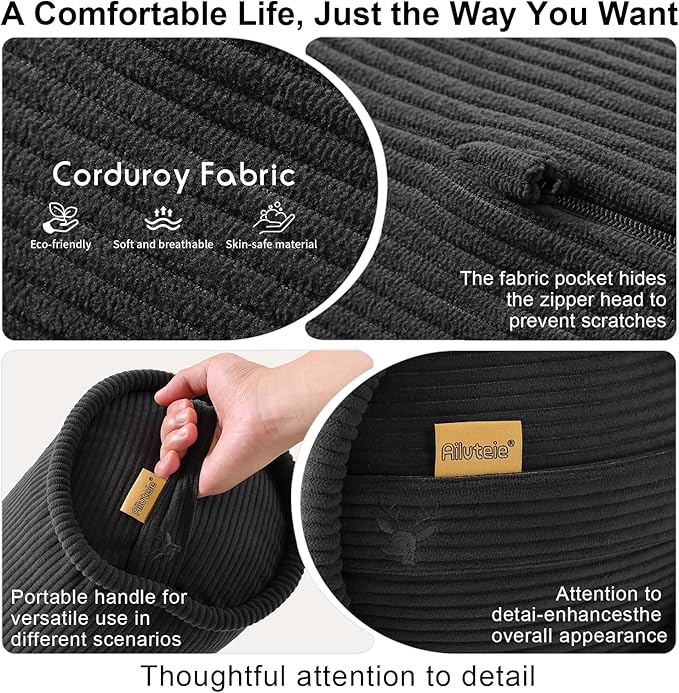 Long Round Body Pillow for Adults – Corduroy Cervical Roll Bolster Pillow, Firm Support for Spine Alignment & Side Sleeping,39 x 7.87 Inches,Lamp Black