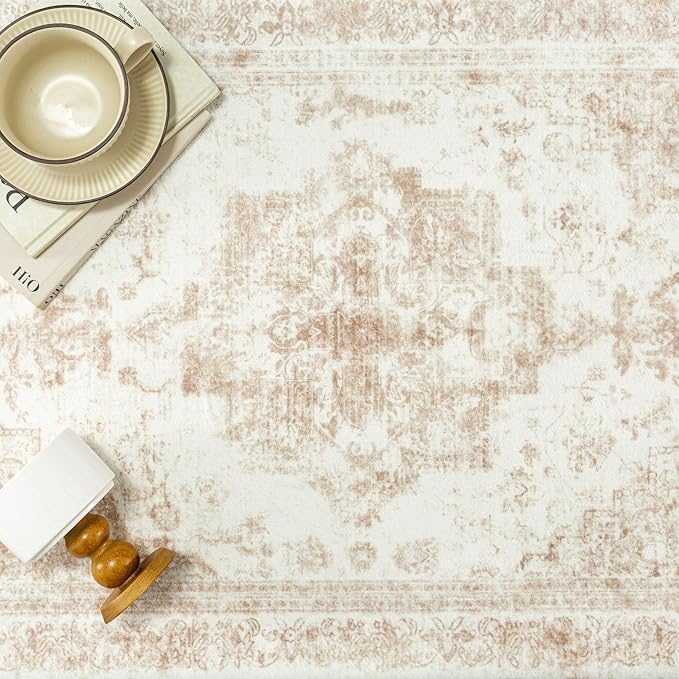 Area Rug 9x12 Cream Washable Living Room Beige Carpet Non Slip Vintage Medallion Indoor Bedroom Beige Carpet Low Pile Soft Retro Distressed Large Rug Home Office Dining Room Playroom