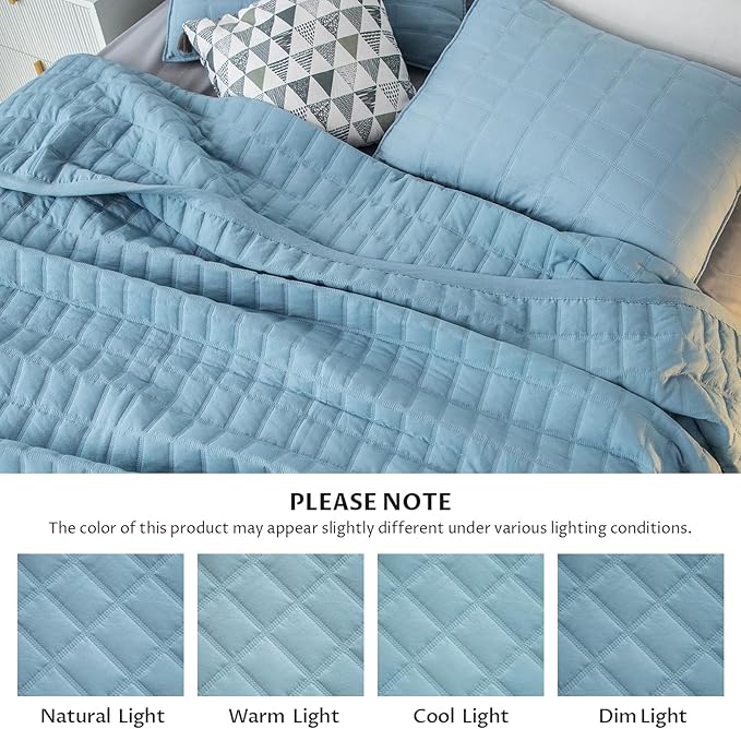 Kasentex KXW1801-GB Quilt-Bedding-Coverlet-Blanket-Set, Machine Washable, Ultra Soft, Lightweight, Stone-Washed, Detailed Stitching-Solid Color, Full/Queen + 2 Shams, Grey Blue