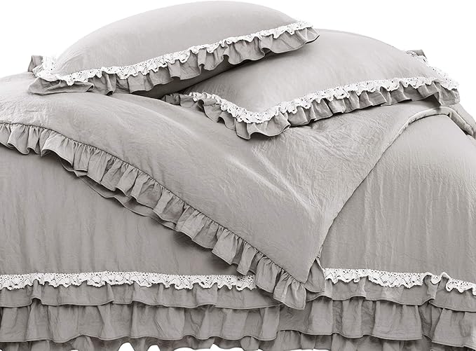 Lush Decor Ella Ruffle Lace Comforter, 3 Piece Set, Full/Queen, Light Gray - Cute Comforter - Queen Bedding Set - Gray Bedding Full Size - Coquette Decor - Ruffle Trim - Lace Trim