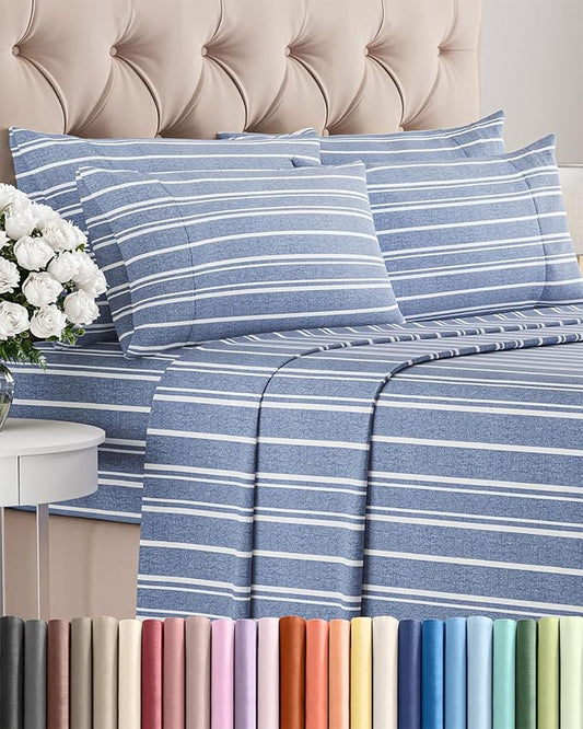 Queen 6 Piece Sheet Set - Cooling, Comfy & Breathable - Hotel Luxury Bedding, Includes Fitted Sheet for Women, Men, Kids & Teens - 1 Flat, 1 Fitted Sheet, 4 Pillowcases w/Deep Pockets - Blue Stripes