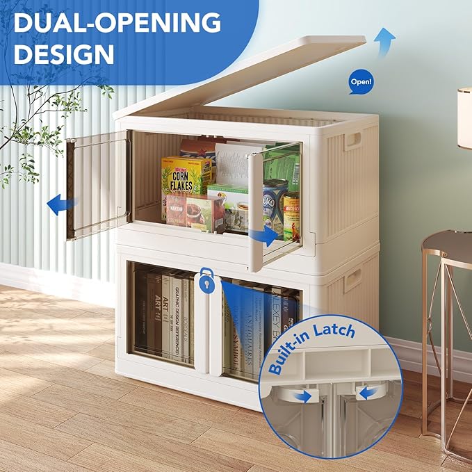 FLEXIMOUNTS 304 QT Stackable Storage Bins With Lids, Collapsible Plastic Storage Bins, Closet Organizers and Containers with Doors For Home and Built-in Wheels, 4 Pack Cubes, Milky White