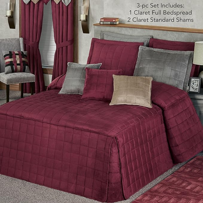 Touch of Class Camden Luxury Bedding | Neutral Claret Color | Grande Fitted Bedspread | Faux Suede Box Quilted Design | Designed 3 Piece Set Includes Full Bedspread and 2 Standard Shams