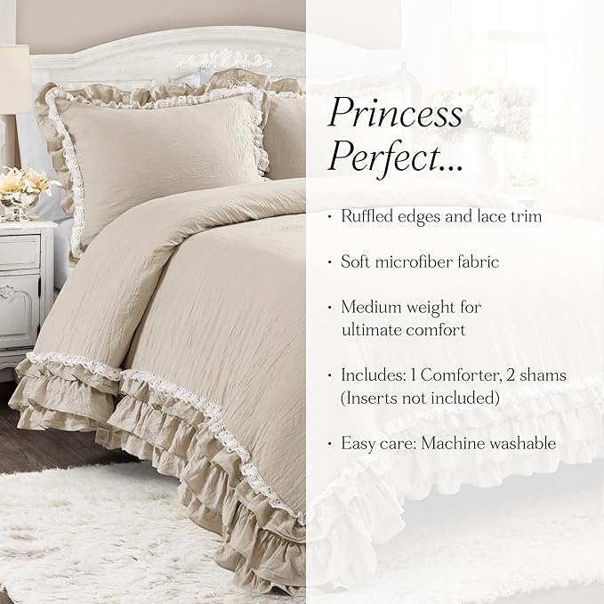 Lush Decor Ella Ruffle Lace Comforter, 3 Piece Set, Full/Queen, Neutral - Cute Comforter - Queen Bedding Set - Beige Bedding Full Size - Coquette Decor - Beige Lace Trim - Ruffle Trim