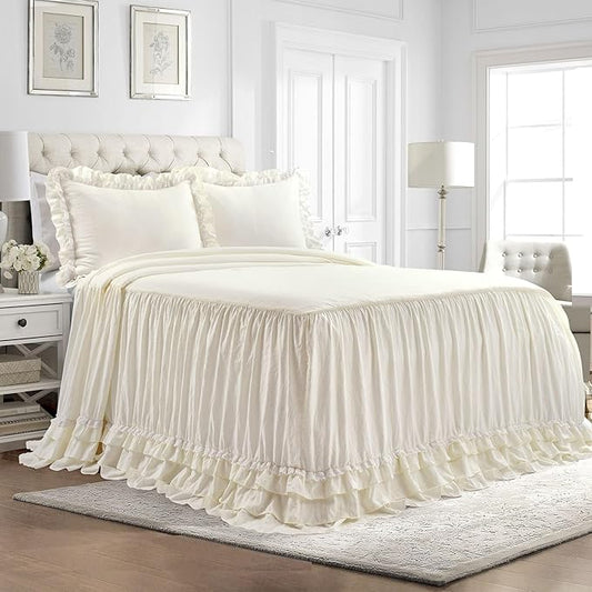 Lush Decor Ella Ruffle Lace Bedspread, 3 Piece Set, Queen, Ivory - Cute Bed Set - Queen Bedding - White Bedding - Coquette Decor - Neutral Ruffle Trim - White Lace Trim